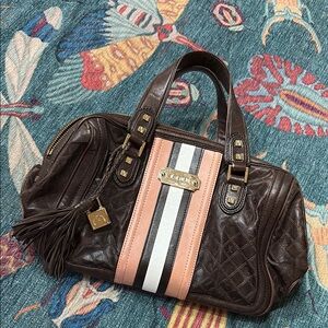 Vintage y2K Gwen Stefani L.A.M.B Leather Handbag with Pink and White Stripes
